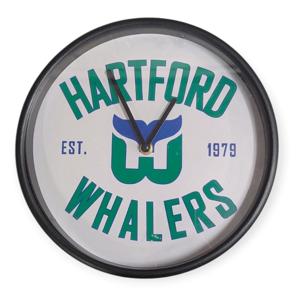 Hartford Whalers NHL Hockey Wall Clock Est 1979 Green Blue Logo Black Frame 10in